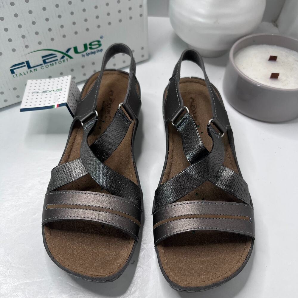 Flexus by Spring Step Lineata Strappy Sandals Pewter Women 7.5/EU 38 NWB Casual